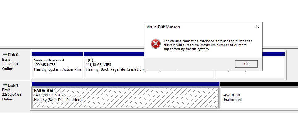 UNABLE TO EXTEND AN NTFS VOLUME